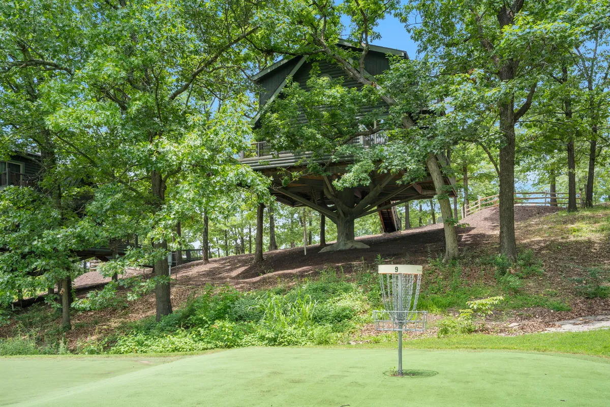 This image features a disc golf basket in a lush, green outdoor setting, with a whimsical treehouse visible among the trees. The scene is vibrant, capturing both the playful and adventurous spirit of disc golf and the natural beauty of the surroundings.