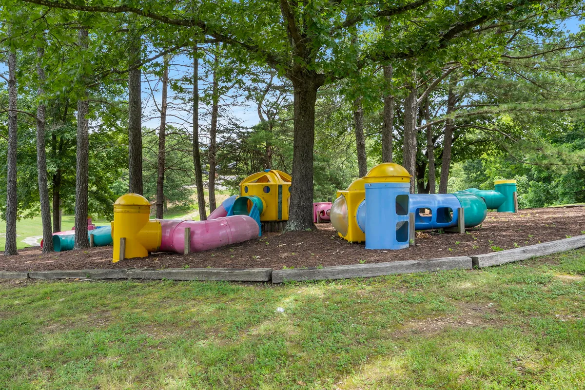 A joyful playground scene with colorful equipment nestled under the shade of a large tree and surrounded by soft grass. Children are pictured climbing, sliding, and engaging in imaginative play, while parents can relax nearby. The setting is bright, welcoming, and emphasizes community and outdoor adventure.