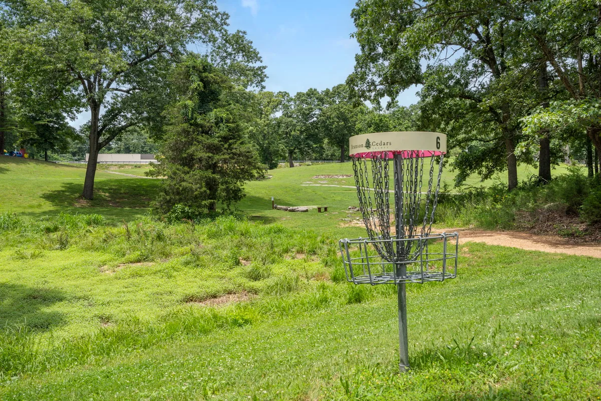 Set in a lush, green field bordered by trees, this image features a disc golf basket and open spaces ideal for outdoor activities. The landscape feels open and inviting, hinting at the 27-hole disc golf course and opportunities for family-friendly competition and exploration in nature.